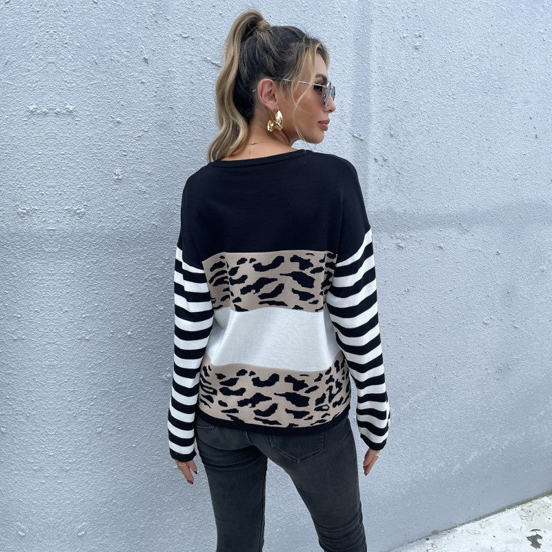 Damen Pullover mit Streifen Ärmeln und Tiermuster