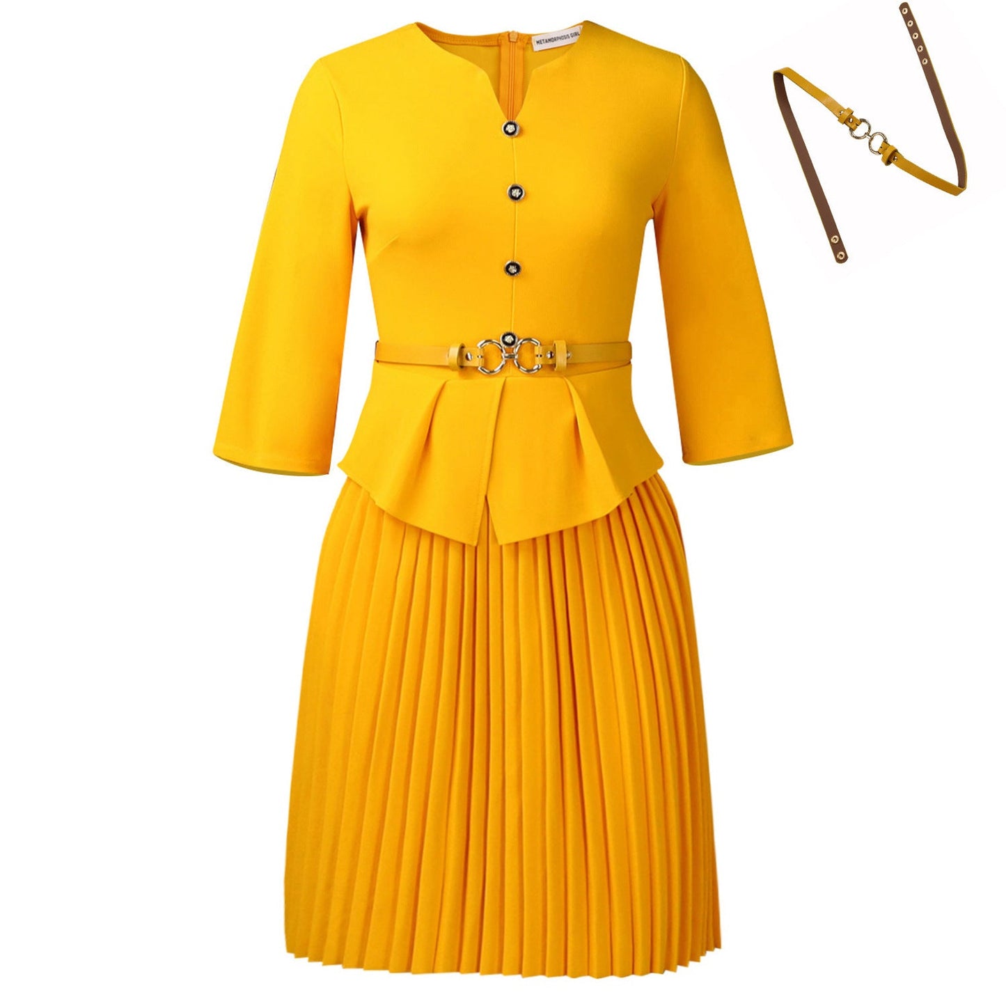 Damen Plissee-Kleid mit Taillenbluse und modischem Gürtel