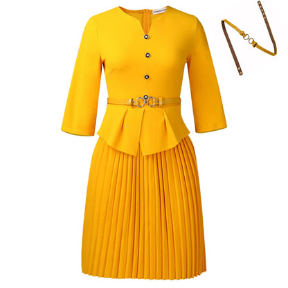 Damen Plissee-Kleid mit Taillenbluse und modischem Gürtel