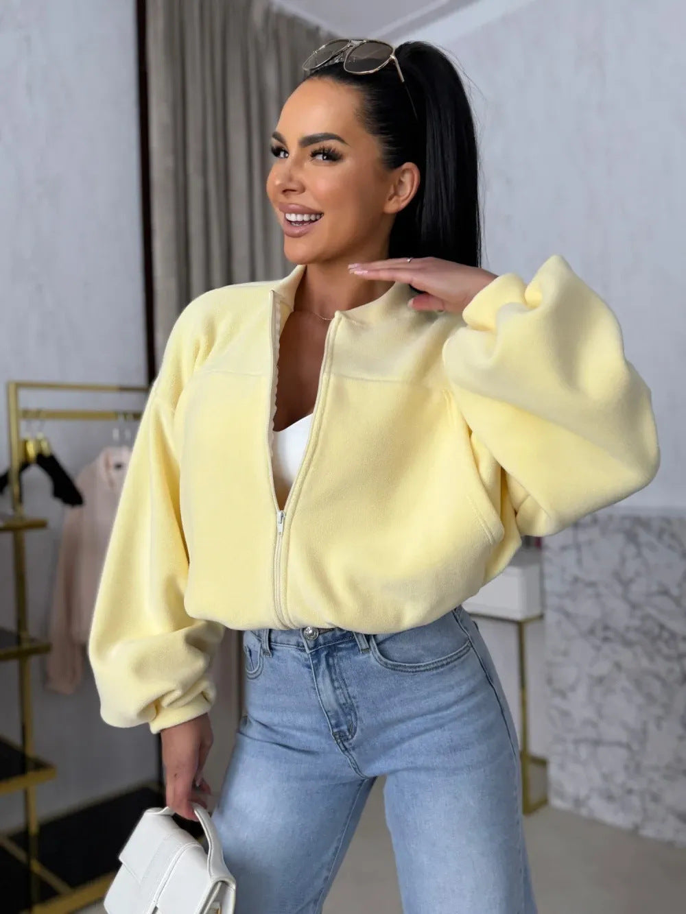 Damen Fleecejacke mit Volumenärmeln Elastischer Bund