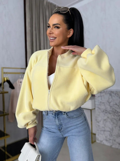 Damen Fleecejacke mit Volumenärmeln Elastischer Bund