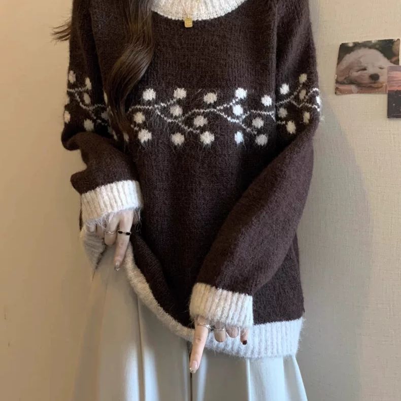 Damen Strickpullover Weich Floralmuster Kontrastspitzen