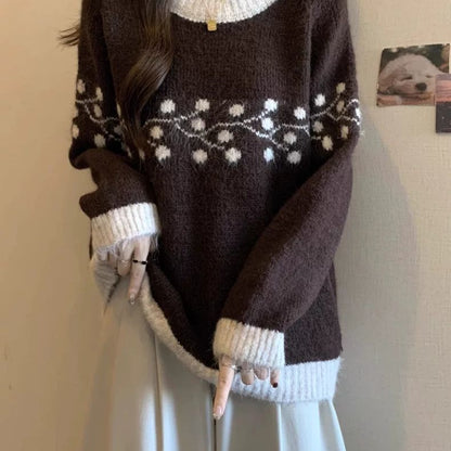 Damen Strickpullover Weich Floralmuster Kontrastspitzen