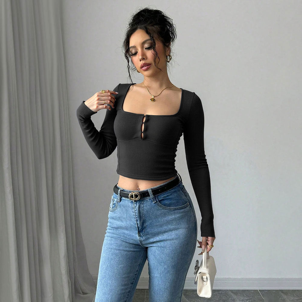 Damen Langarm Crop Knopfverzierung Elegantes Design Eveloria