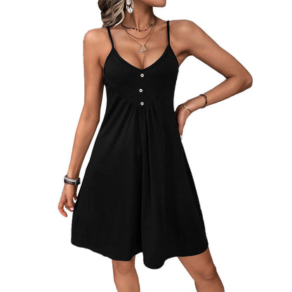 Damen Sommerkleid Luftig Knöpfe Spaghettiträger Eveloria