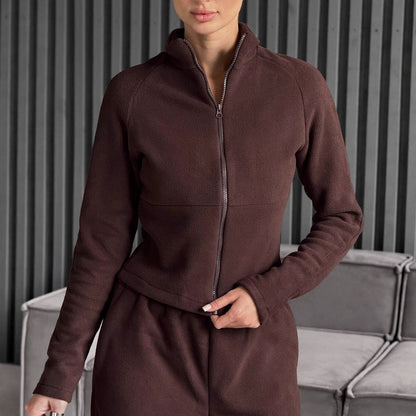 Damen Fleece Jogginganzug Hochkragen Praktische Taschen