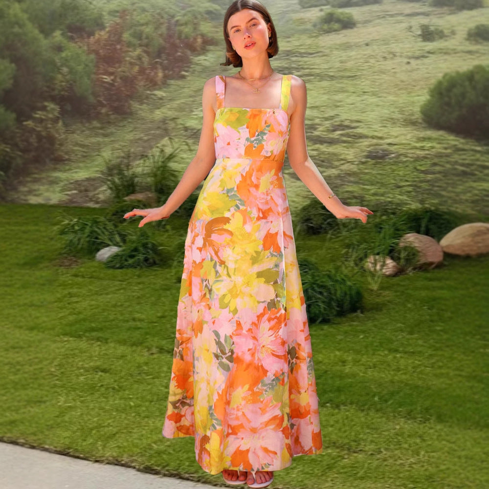 Damen Maxikleid Florale Blume Tailliert Spaghettiträger Eveloria