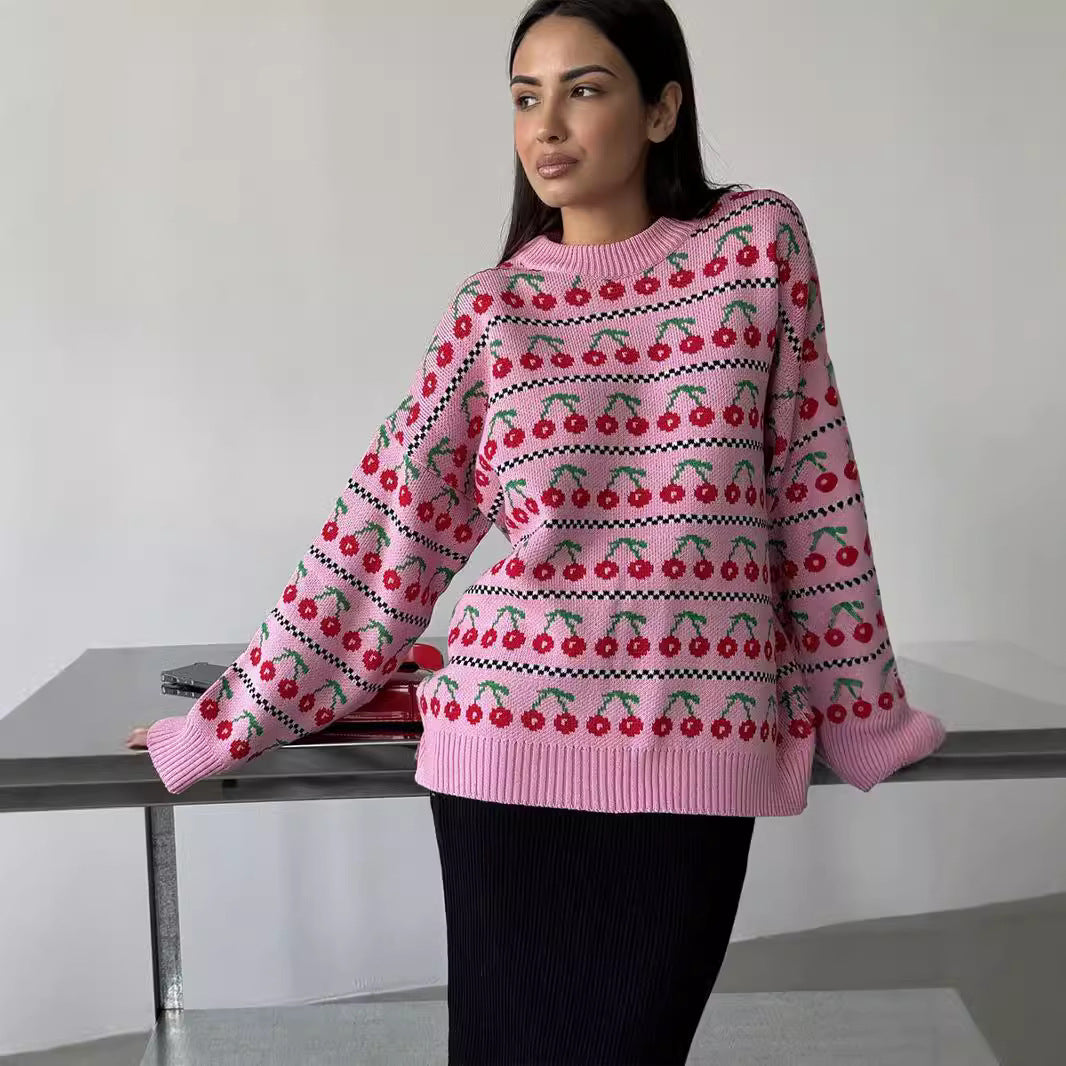 Damen Strickpullover Kirschmotiv Eveloria - Eveloria