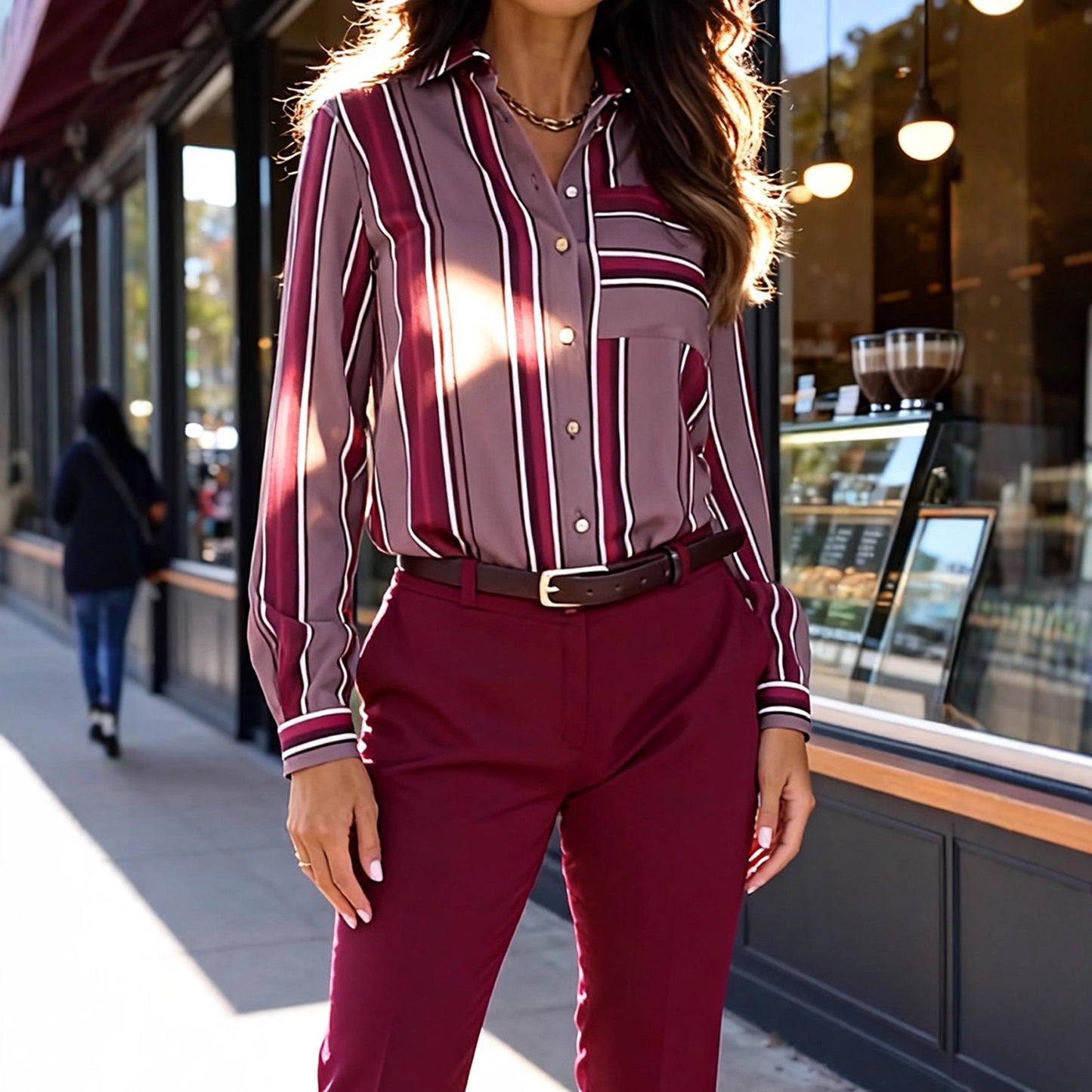 Damen Bluse mit feinen Streifen und klassischem Kragen Elegant