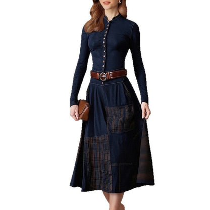 Damen Elegantes Midi-Kleid Knopfleiste Kontrastdetails