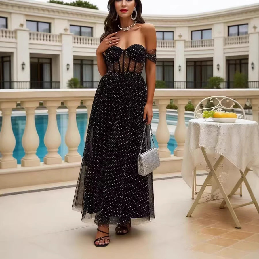 Damen Maxikleid Schulterfrei mit Pünktchenmuster und transparenten