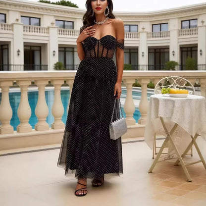 Damen Maxikleid Schulterfrei mit Pünktchenmuster und transparenten