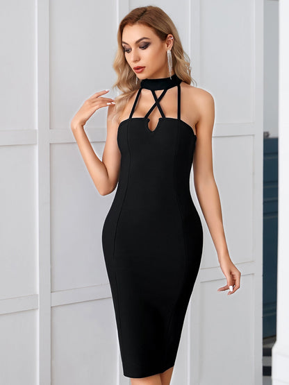 Damen Figurformendes Midi-Kleid mit Choker-Optik und Kreuzträgern