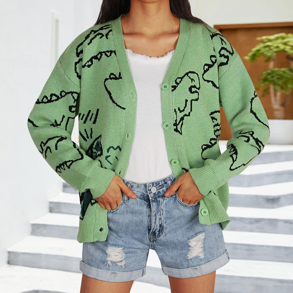 Damen Strickjacke Gemustert Dinosaurier Motiv Eveloria - Eveloria