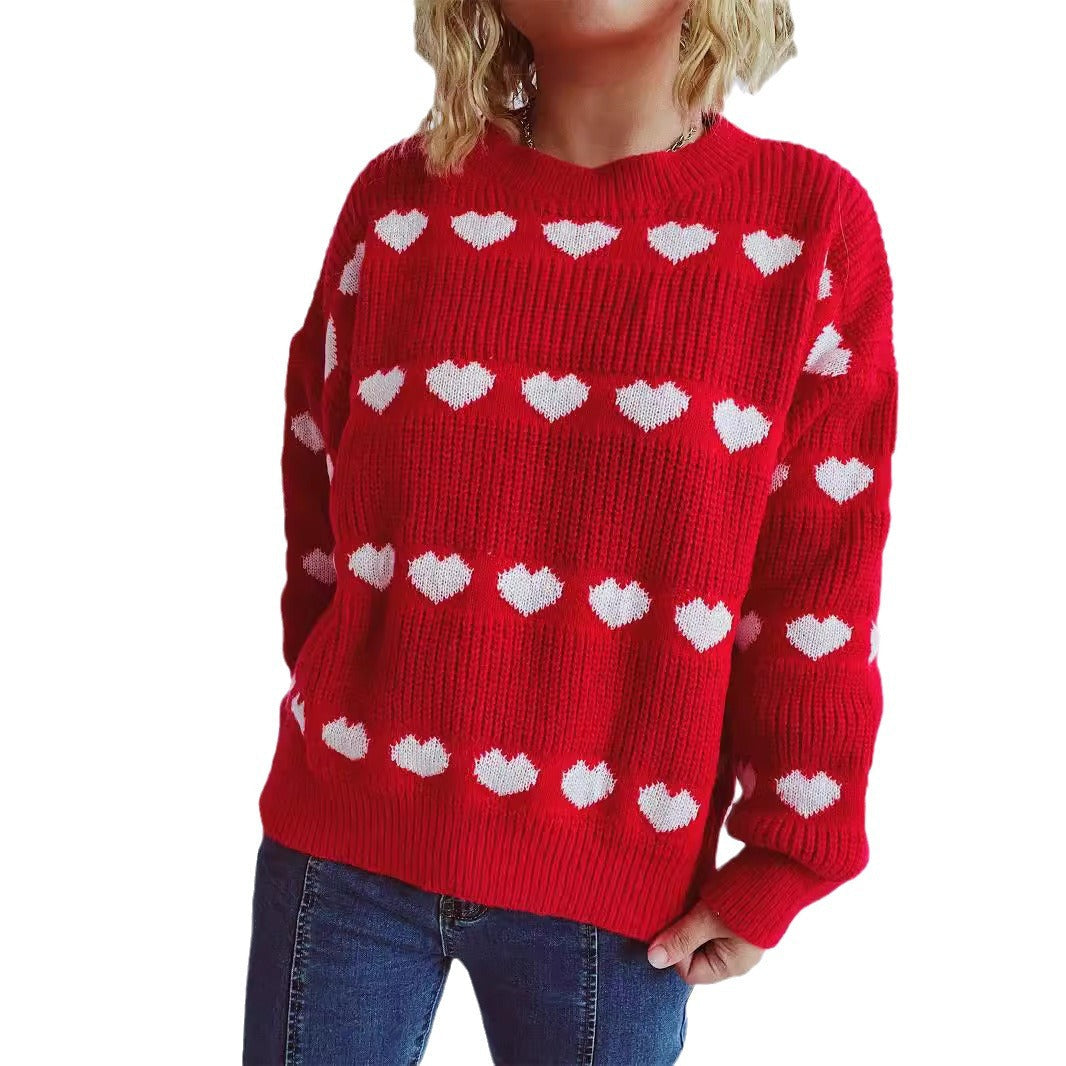 Damen Pullover Romantisches Herzmuster Kuschelfleece