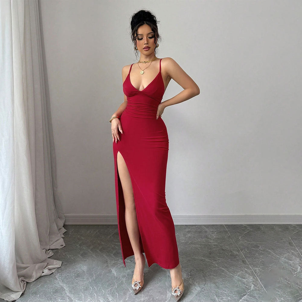 Damen Maxikleid V-Ausschnitt Hochschlitz Eveloria