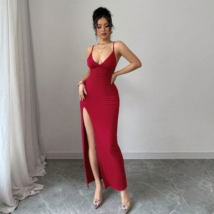 Damen Maxikleid V-Ausschnitt Hochschlitz Eveloria