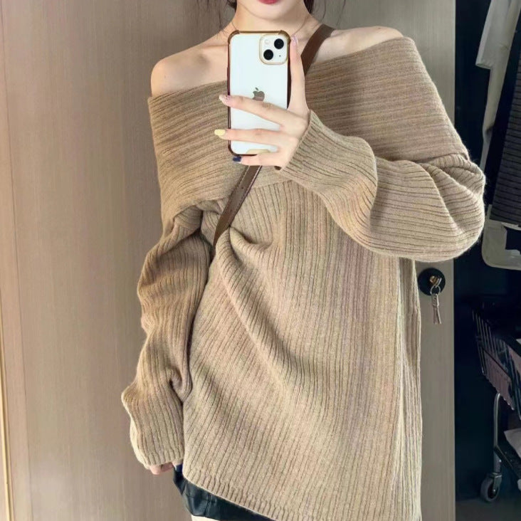 Damen Oversized Pullover Off-Shoulder Rippstruktur Beige - Eveloria