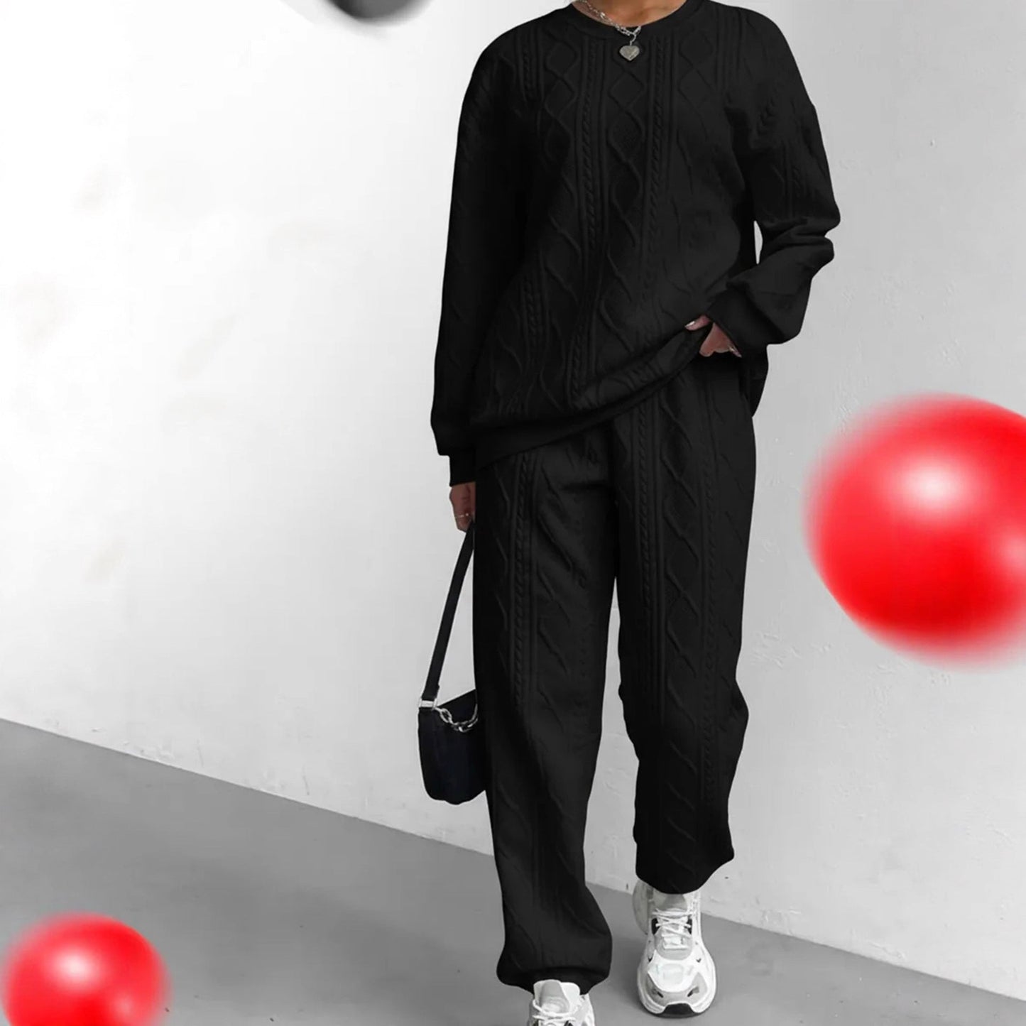 Damen Strick-Loungewear-Set Elegant Zopfmuster Weich