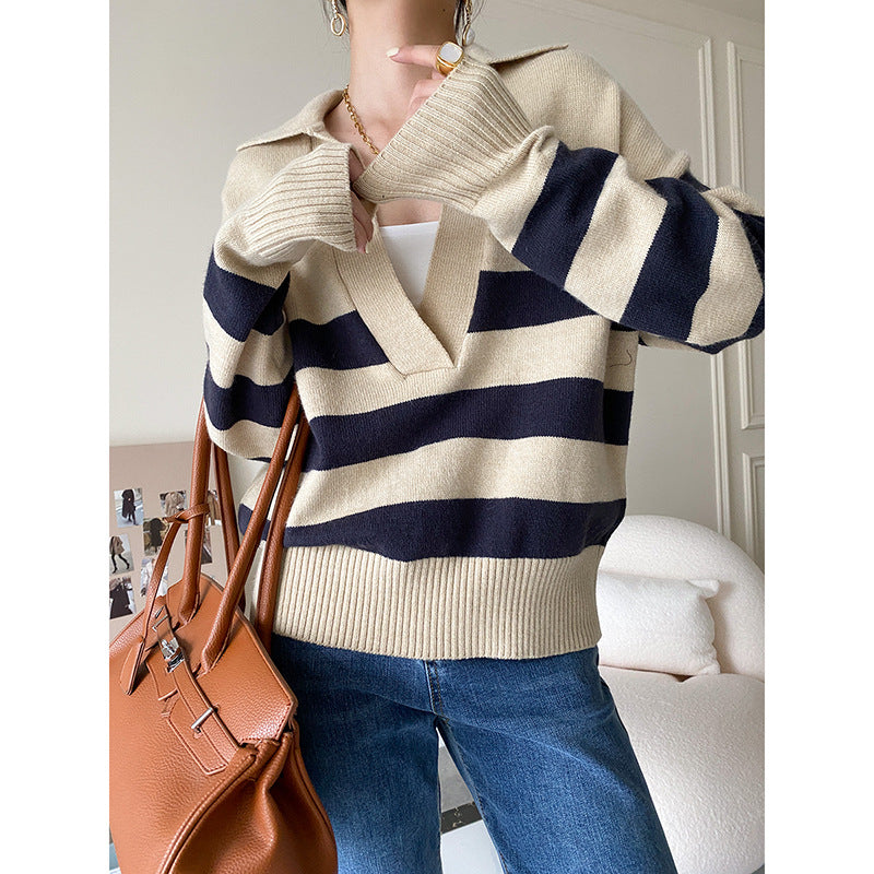 Damen Strickpullover V-Ausschnitt Streifen