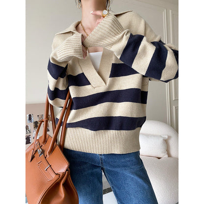 Damen Strickpullover V-Ausschnitt Streifen