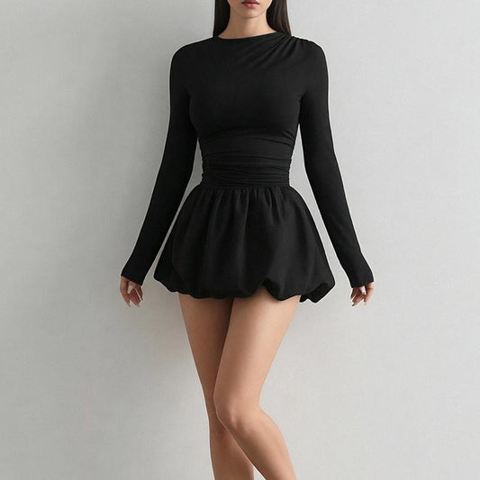 Damen Minikleid Langer Ärmel Gerafft Schwarz Eveloria - Eveloria