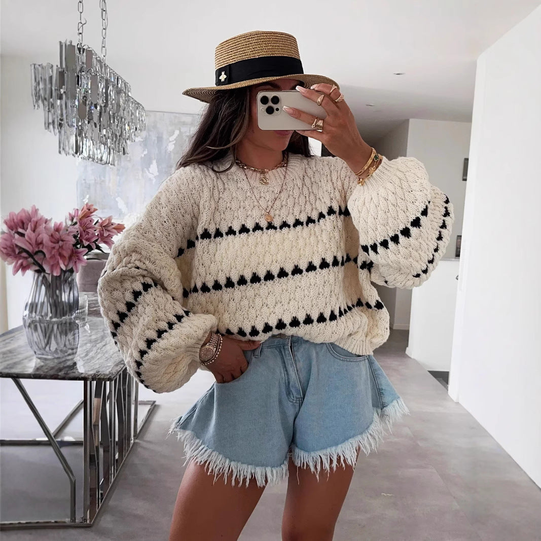 Damen Strickpullover Weite Ärmel Grafisches Muster Eveloria