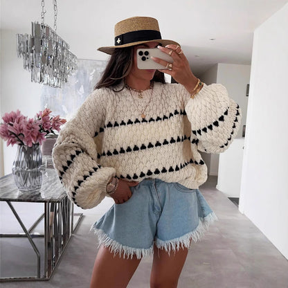 Damen Strickpullover Weite Ärmel Grafisches Muster Eveloria