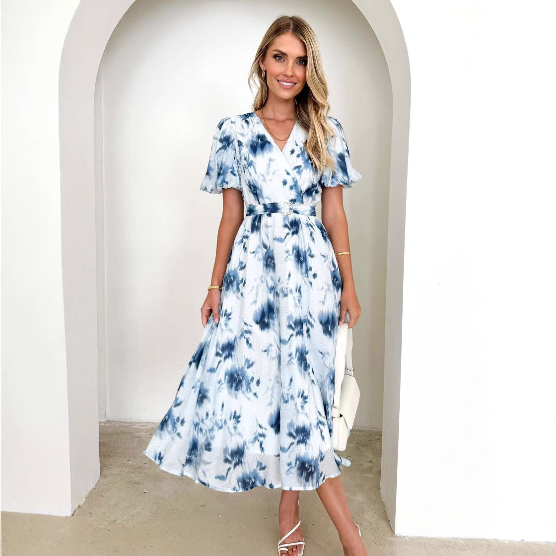 Damen Midi-Kleid Wickeldesign Blumenmuster