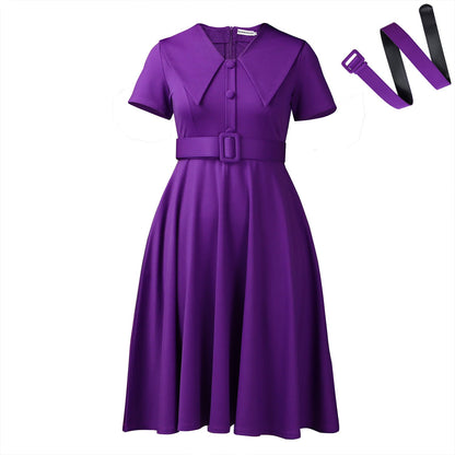 Damen A-Linien Kleid mit Kragen und Bindegürtel Elegant