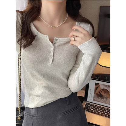 Damen Langarmshirt Rippstruktur Knopfleiste Weiß
