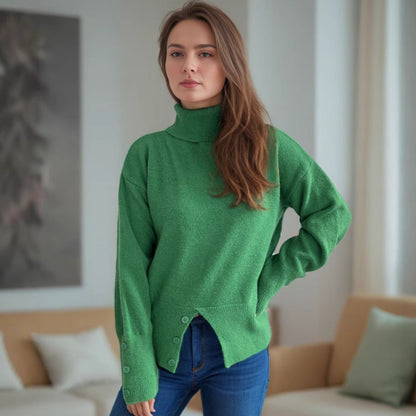 Damen Rollkragenpullover Knopfdetails Eveloria