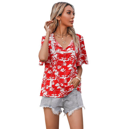 Damen Bluse Florales Muster V-Ausschnitt Elegante Bluse