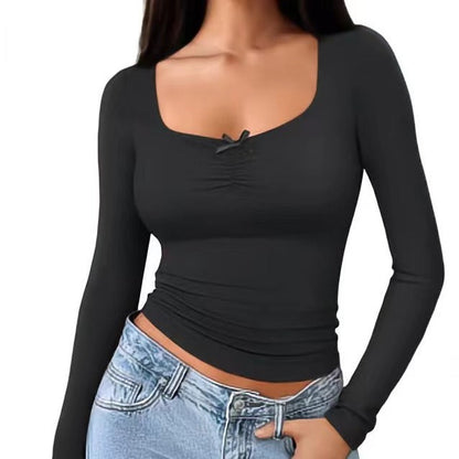 Damen Langarmshirt Quadratischer Ausschnitt Raffiniert Blau Eveloria