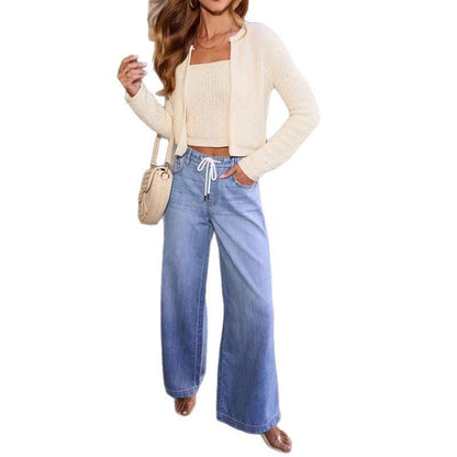 Damen Weite Jeanshose Verstellbarer Bund Washed-Effekt Blau