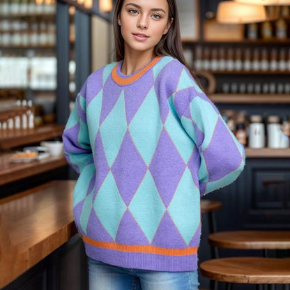 Damen Grobstrickpullover Diamantmuster Bunt - Eveloria