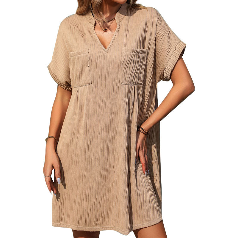 Damen Freizeitkleid V-Ausschnitt Strukturdesign Luftig Eveloria