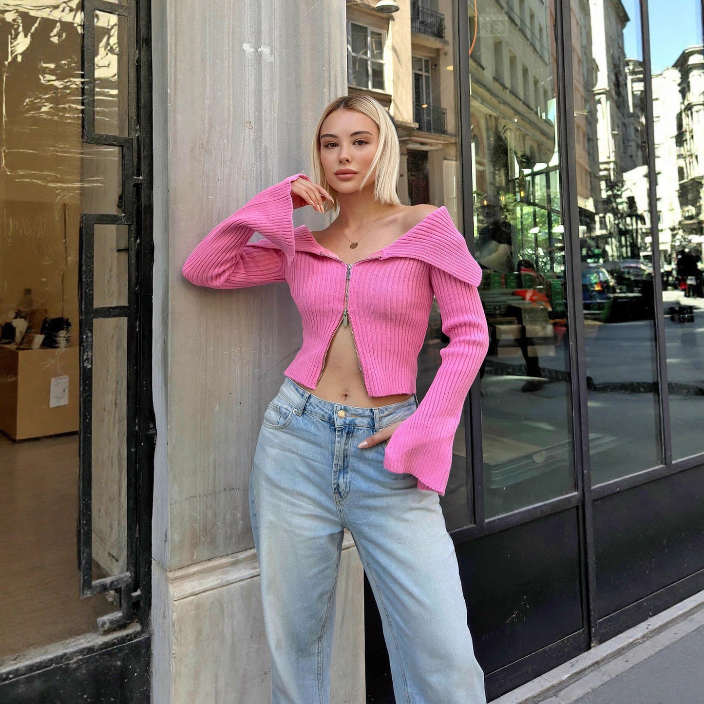 Damen Strickjacke Weites Ärmeldesign Reißverschluss Eveloria