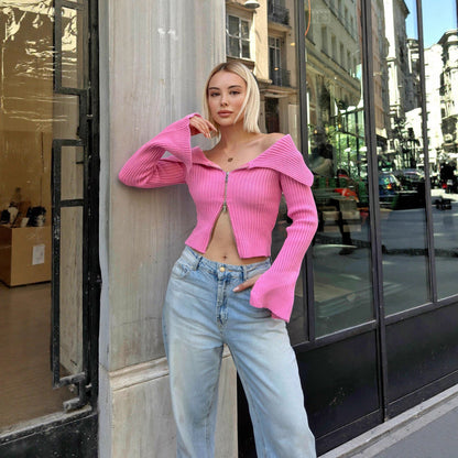 Damen Strickjacke Weites Ärmeldesign Reißverschluss Eveloria
