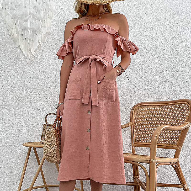 Damen Off-Shoulder Midi-Kleid Rüschendetails Bindegürtel Eveloria - Eveloria