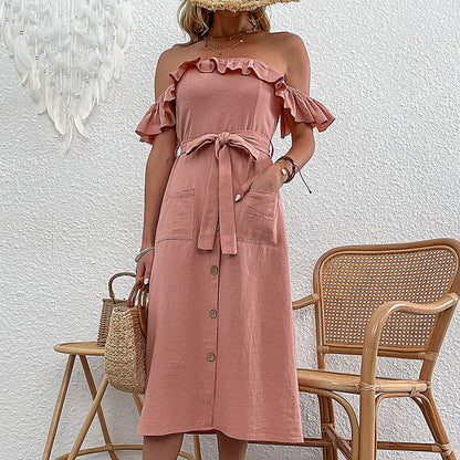 Damen Off-Shoulder Midi-Kleid Rüschendetails Bindegürtel Eveloria - Eveloria