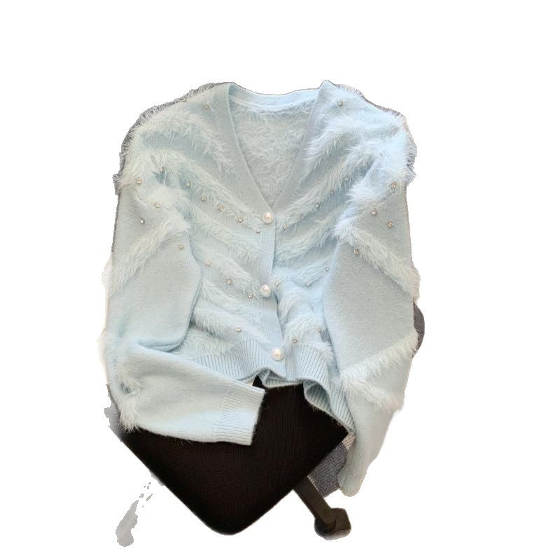 Damen Flauschcardigan mit Perlen Eveloria