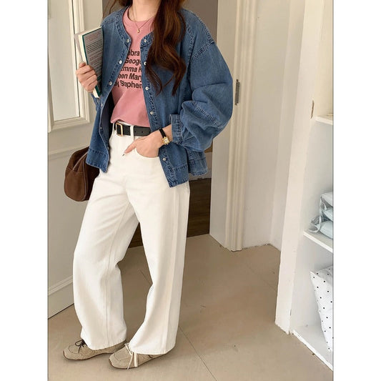 Damen Denim-Bluse mit Puffärmeln Blau Eveloria - Eveloria