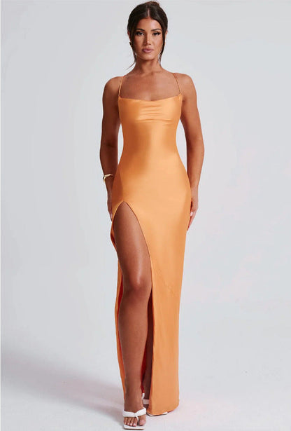 Damen Maxikleid Hochhängender Schlitz Schmales Trägerdesign