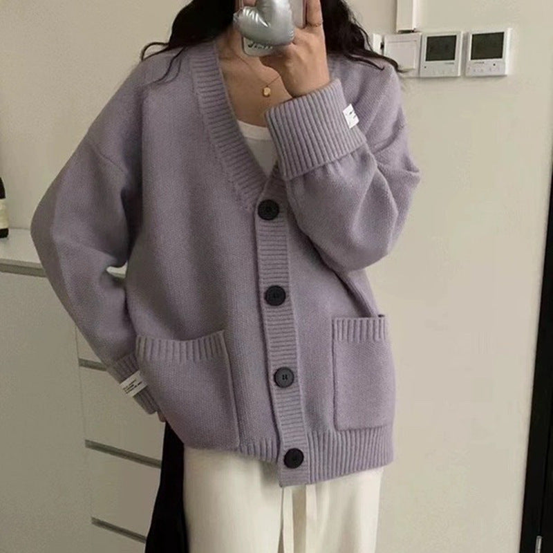 Damen Oversized Cardigan Große Taschen Knöpfe Beige