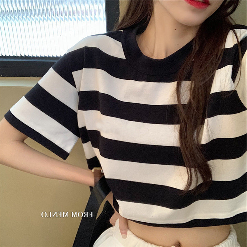 Damen T-Shirt Streifenmuster Lässig Cropped Baumwolle Weiß