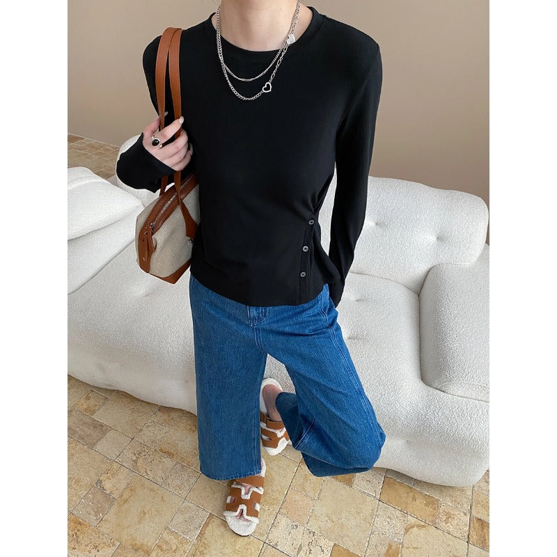 Damen Langarmshirt mit Knopfdetails Seitenöffnung Eveloria