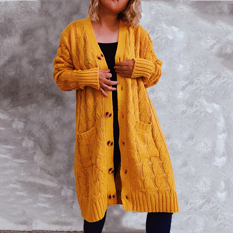 Damen Cardigan Grobstrick mit Taschen und Knöpfen Beige - Eveloria