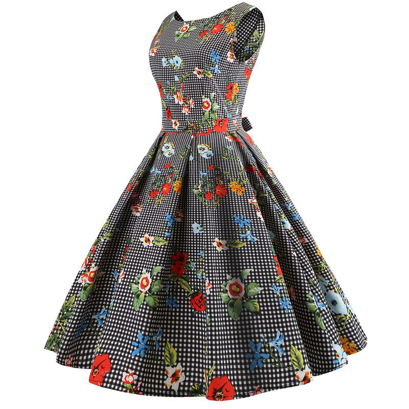 Damen A-Linien Kleid mit Blumenmuster und Karomuster
