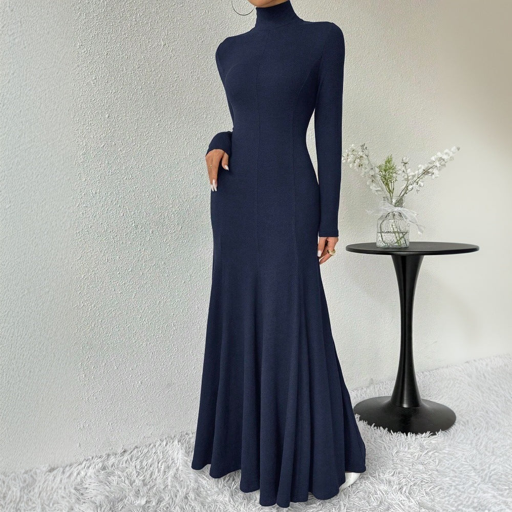 Damen Maxi-Kleid Langarm Hohler Kragen Schwingender Saum Eveloria